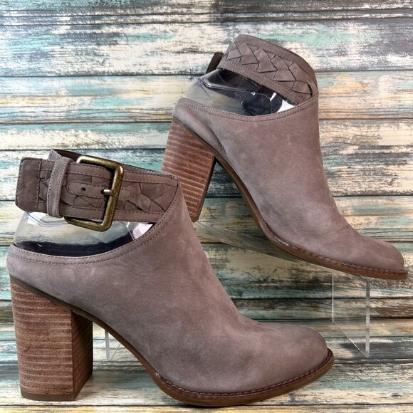 Aldo Slingback Mules Sz 8 Taupe Leather Block Heel Braided Ankle Strap Clog - Picture 1 of 11